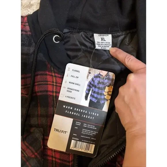 Tru-Fit Hooded Zip Front Jacket Coat Shacket Flannel Shirt Red Gray Plaid XL NWT - Picture 4 of 5